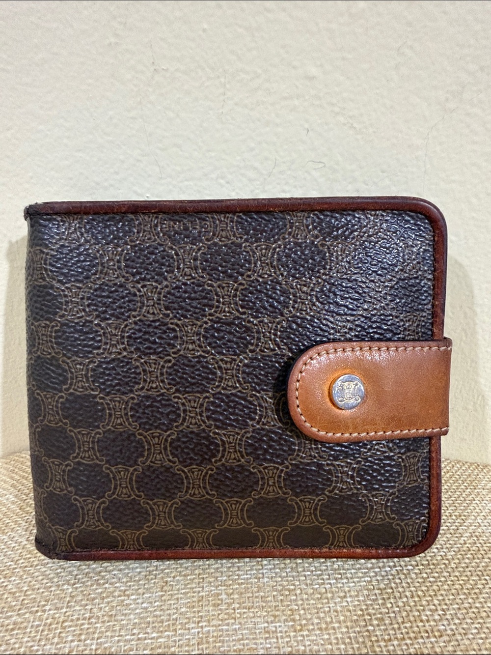 Celine Brown & Tan Monogram Leather Snap Wallet